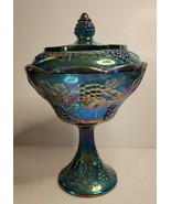 Blue Carnival Glass Candy Dish with Lid Harvest Grape Indiana Glass - £42.53 GBP