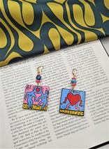 Painted Wood Resin Pop Art Earrings inspired by Keith Haring Jewelry  - £37.70 GBP