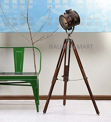NAUTICALMART BROWN ANTIQUE FLOOR STANDING WOODEN TRIPOD FLOOR LAMP