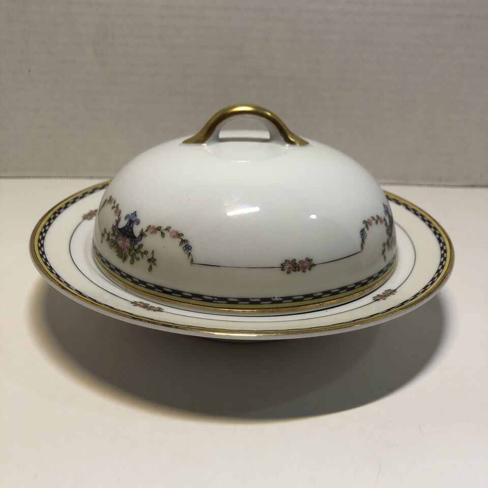 Round Covered Butter Dish Noritake Rosemary 1920's Floral Urn 7.25" - $19.79