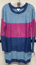 NWT Lularoe Small Light Blue Royal &amp; Fuchsia Wide Striped Lauren Sweater Dress - £39.32 GBP