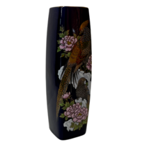 Japanese Ceramic Vase Blue 9.5 Inch Tall Square Painted Pheasants Gold Accents - £11.48 GBP