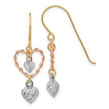 14K Tri Color Diamond Cut Dangle Heart Earrings - £139.87 GBP