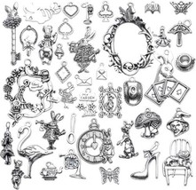 10 Fairy Tale Charms Antiqued Silver Alice in Wonderland Themed Assorted Lot - £6.66 GBP