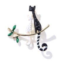 Black &amp; White Enamel 18K Gold-Plated Double Spotted Cat Brooch - £11.15 GBP