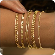 Reoxvo Dainty Gold Chain Bracelets Set for Women 14K Real Gold Plated Link Chain - £29.61 GBP