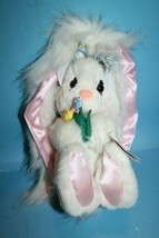 PJ Toys White Easter Bunny Plush Long Ears Pink Satin Holds Flowers Soft Toy Vtg - £48.16 GBP