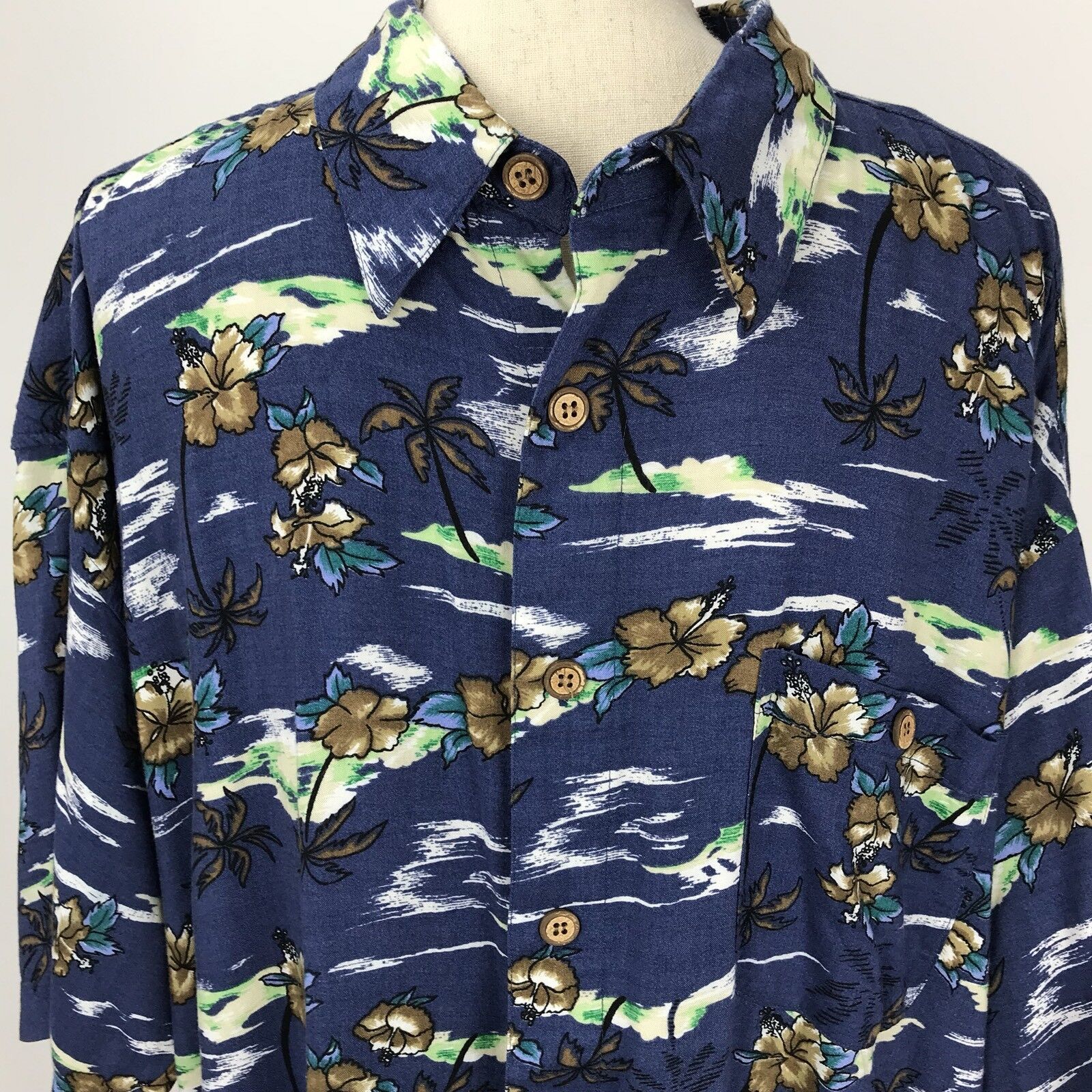 Aloha Hawaiian Shirt Hibiscus Palm Trees Tropical Floral Blue 2XL Knight... - $39.99