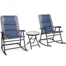 3 Pcs Outdoor Folding Rocking Chair Table Set with Cushion-Blue - Color:... - $238.42