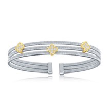 Flower CZ Design Triple Wire Bangle, Bonded with 14K Gold Plating - £210.11 GBP