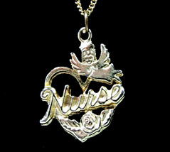 Nurse Heart Love Guardian Angel Rose Pendant Necklace Vintage Goldtone Chain 18&quot; - £10.38 GBP