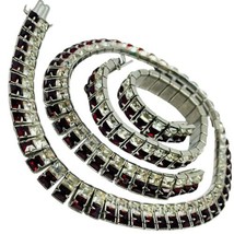 Art deco dimonbar red and clear glass bracelet 7” and necklace 14” silver tone - £97.63 GBP