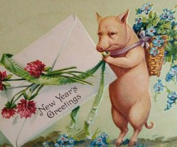 New Year Postcard Humanized Pig Standing With Letter And Basket Germany EAS - £13.01 GBP
