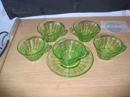 VINTAGE DEPRESSION GLASS PRINCESS 5 CUPS &amp; 1 SAUCER  URANIUM GREEN - $37.62