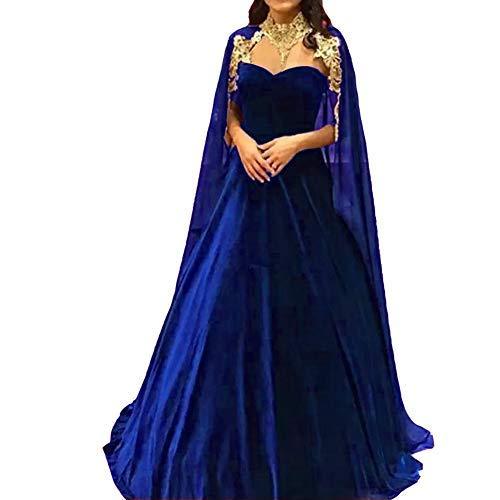 Long Velvet Formal Prom Dress Evening Gown with Gold Lace Cape Royal Blue US 12