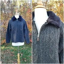 Vintage Talbots women wool gray cardigan braid knit soft sweater fur col... - $28.71