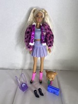 Barbie Extra Doll 8 Pink Fur Varsity Jacket With Teddy Bear Blonde Hair Mattel - £19.71 GBP