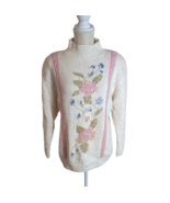 VTG Lydia Jane Womens Hand Knit Beige Embroidered Flower Mock Neck Sweat... - £20.93 GBP