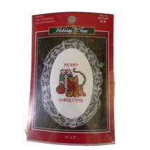 VTG Holiday Time Christmas Lace Cat w/Presents Cross Stitch Kit #351296 Ornament - £6.29 GBP