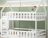 Twin Over Twin House Wooden Bunk Bed With Fence And Door, White - $658.99