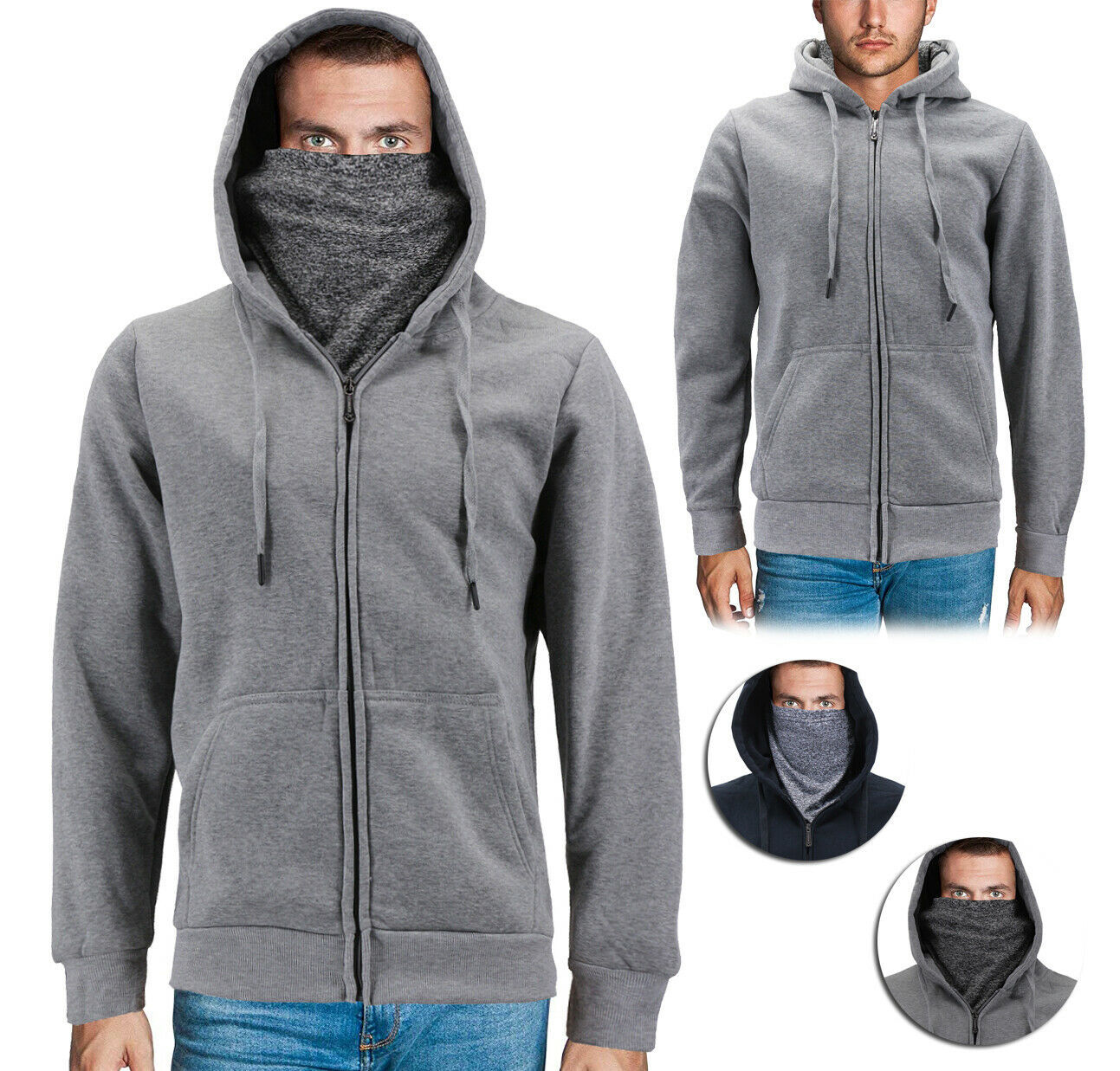 Primary image for Men's Activewear Fleece Lined Ninja Mask Zip Up Gym Sport Hoodie Sweater Jacket