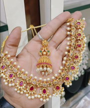 Bollywood Style Indian Gold Plated Choker Necklace CZ Ruby Pearl Jewelry Set - £67.80 GBP