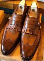 Handmade Men&#39;s Brown Leather Fringe Loafer Wingtip Single Monk Brogue Shoes - £102.56 GBP