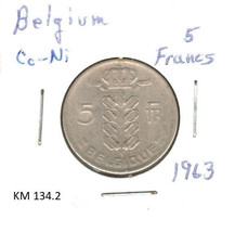 Belgium 5 Francs, 1963, copper-nickel, KM 134.2 - £0.79 GBP