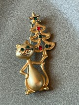 Vintage AJC Signed Brushed Goldtone Kitty Cat Holding Rhinestone Accented Christ - £11.79 GBP