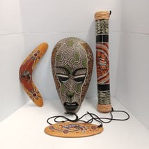 Tribal Aboriginal Hand Made Decor Mask Bomerang Rain Stick Bull Roarer A... - £51.20 GBP