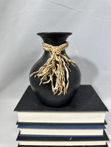 Vintage oaxaca black mexico pottery vase With Woven straw Braided Rope - £26.33 GBP