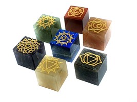 Seven Chakra Crystal Set Carved Cubed Square Geometric Gemstone &amp; Pouch Set - $18.83