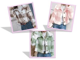 Jacket Teddy Plaid Cropped Choice Size Button Flaps Choice Color Long Sl... - £16.40 GBP