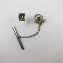 Vintage Tie Tack Lapel Pin Faceted Gem Stone Silver tone Chain Tie Bar - £7.85 GBP