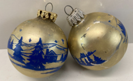 Vintage Lot 3 Gold Blue Winter Scene 2.5 in Glass Ball Christmas Ornaments - £15.50 GBP