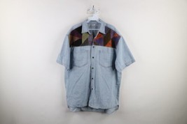 Vtg 90s Streetwear Mens Medium Distressed Suede Leather Patch Denim Button Shirt - £38.62 GBP