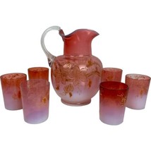 1891 Victorian Art Glass Pink Opalescent Pitcher Tumblers Lemonade Set E... - $253.99 CAD