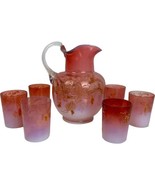 1891 Victorian Art Glass Pink Opalescent Pitcher Tumblers Lemonade Set E... - $252.64 CAD