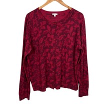 Talbots Cardigan Sweater Woman 2X Maroon Floral Buttons Long Sleeve Cotton Wool - £31.36 GBP