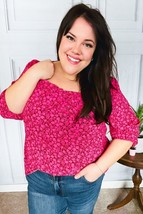Perfectly You Fuchsia Floral Three Quarter Sleeve Square Neck Top - £15.72 GBP