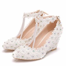 Crystal Queen White Flower Woman Wedding Shoes Lace Pearl High Heels Sweet Bride - £52.82 GBP