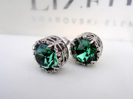 Erinite Stud Art Deco Earrings w/ Swarovski Crystals / Pine Green Filigree Pierc - £22.37 GBP