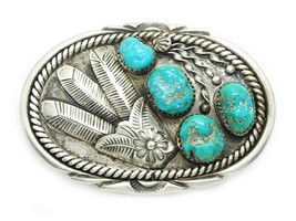 Native American Turquoise Nugget Feather Design Belt Buckle Sterling Silver - £312.12 GBP