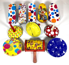 Vintage Tin Noise Maker Lot Of 11 Clown Girls New Year Us Metal Toy Wood Handle - £23.25 GBP