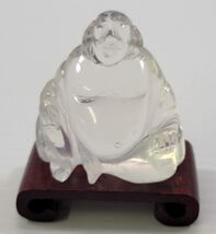 *B3) Carved Clear Quartz Chinese Budai Laughing Buddha Figurine Wooden S... - $98.99