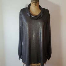 Susan Graver Blouse Size L Metallic Cowl Neck Top Long Sleeve Silver Black - £20.73 GBP