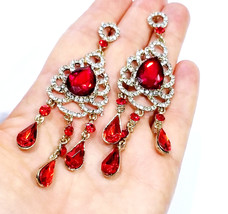 Red Chandelier Earrings, Prom Rhinestone Crystal Drop Earrings, Statement Earrin - £28.75 GBP