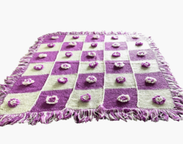 Handmade Crochet 3D Flower Afghan Throw Blanket Fringe Purple Lilac White Small - £47.58 GBP