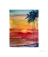 Art print of a bright red sunset and tree silhouettes. Hawaii and Califo... - $12.00+