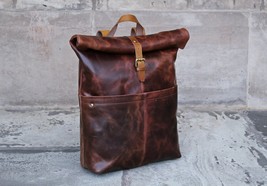 KALATING Personalized Handmade Real Leather Mens Backpack Laptop Bag 15.6 Brown - £171.44 GBP